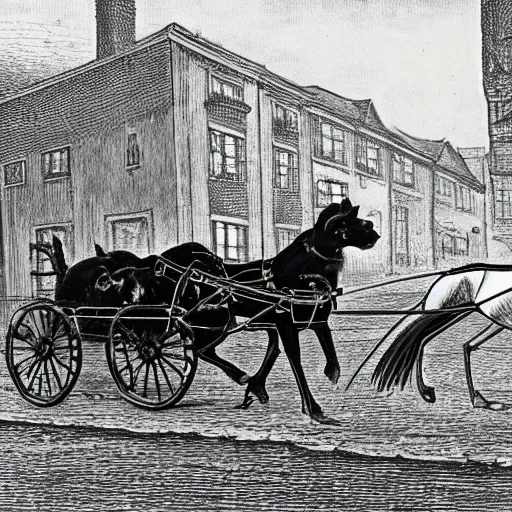 Prompt: a carriage with four horses hitting a black cat in the 1920's, realistic, alley, lovecraft, high detail
