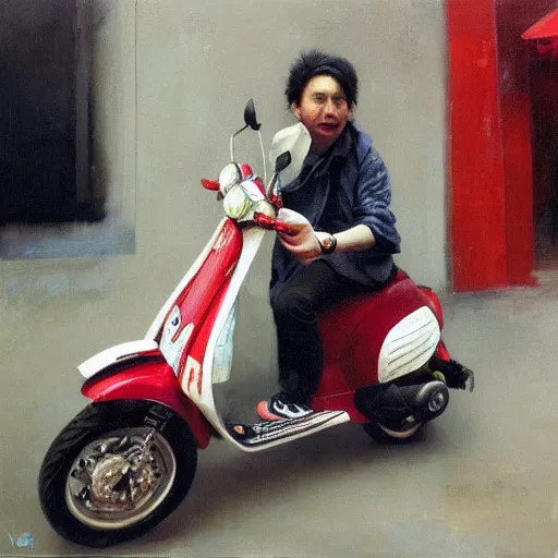 Prompt: portrait of the chilean redhead vespa fan in hong kong, oil on canvas by ruan jia and yoshitaka amano