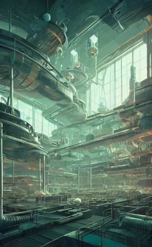 Image similar to Interior shot of a futuristic factory by Petros Afshar and Beeple, James Gilleard, Mark Ryden, Wolfgang Lettl highly detailed