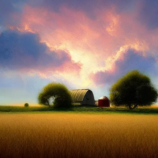 Image similar to a beautiful wheat field with a barn, with beautiful large fluffy pink clouds illuminated by the sun, in the style of craig mullins