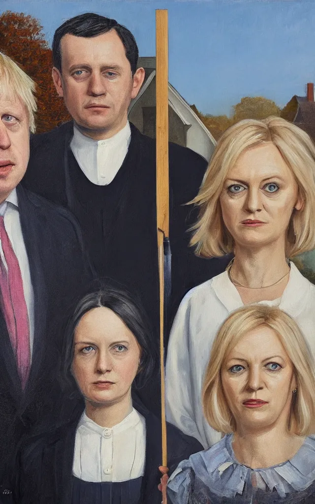 Image similar to boris johnson and liz truss standing together painting in the style of american gothic frant wood, hyper real ,