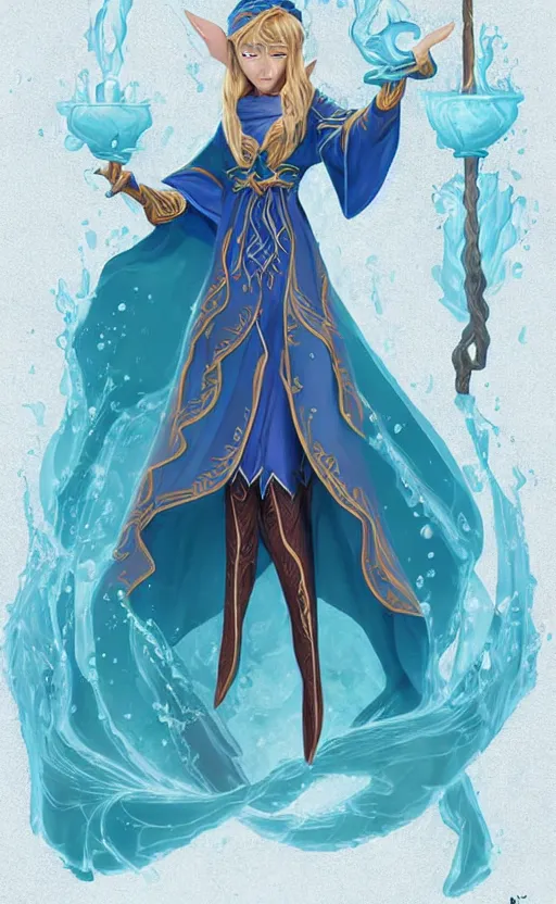 Image similar to elf female sorcerer doing water magic spells, blue robes, exquisite details, full body character design on a white background, by studio muti