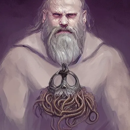 Prompt: A portrait of a cleric of Cthulu with short dark hair and a trimmed beard, he wears a cubic sandstone pendent around his neck, as dark magic emanates from the sandstone tentacles spur from the water, digital art by Ruan Jia