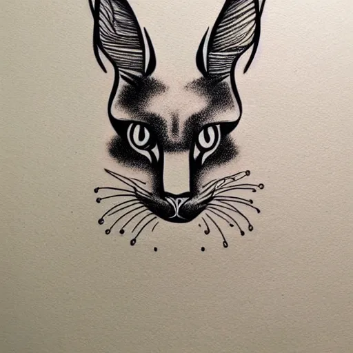 Image similar to cute caracal outline tattoo design, black ink on white paper