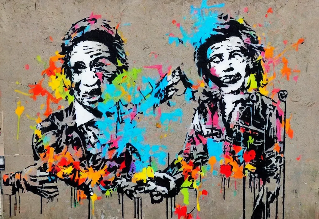 Image similar to full color banksy graffiti with statement of ai art is not art, detailed, realistic, glitch art effect