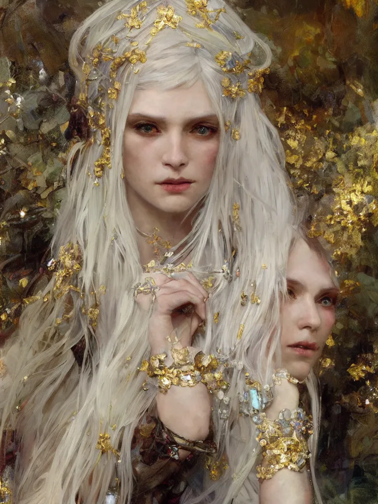 Image similar to a highly detailed beautiful white haired woman, adorned with precious stones and thin gold tendrils, by jeremy mann and alphonse mucha, 8 k resolution, trending on artstation, very very detailed, masterpiece, stunning, intricate,