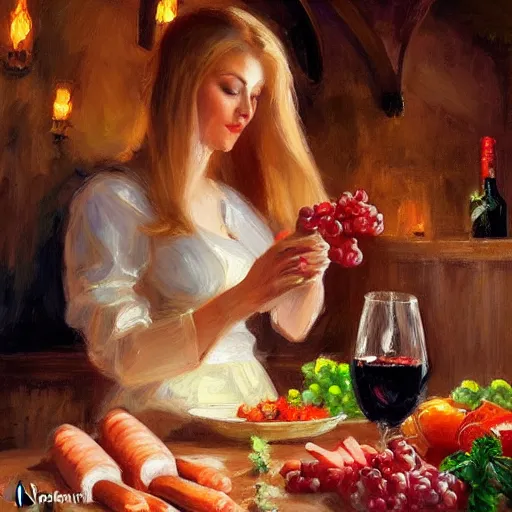 Image similar to pretty blonde beautiful woman in a wine cellar, elegant, red wine, meat, cheese, sausages, torches light the wall, impressionism, painting by Vladimir Volegov