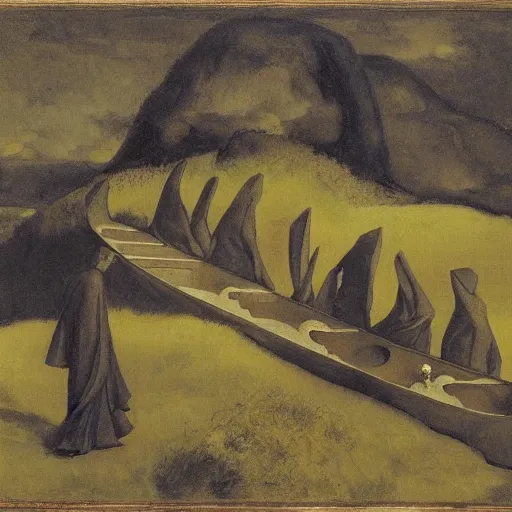 Image similar to serene, dull by ambrosius benson, by emil nolde. a illustration of a coffin being carried by six men through an ethereal, otherworldly landscape. the men are all wearing hooded cloaks. the landscape is eerie & foreboding, with jagged rocks & eerie, glowing plants.