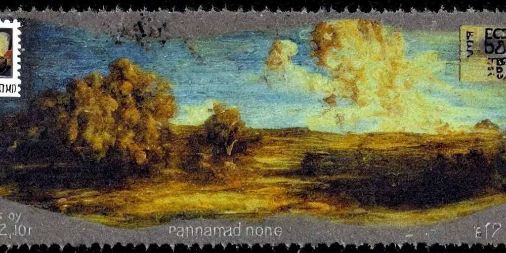 Prompt: melted romantic painting of a landscape, on a poststamp