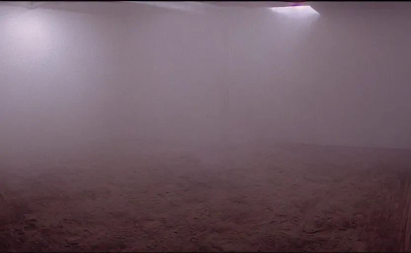 Image similar to screenshot photo low angle interior of a house built on nothing and something for the nothing underneath, scene from being john malcovich film directed by charlie kaufman ( 2 0 0 1 ), foggy volumetric light morning, moody cinematography, 2 4 mm anamorphic lens, 3 5 mm film