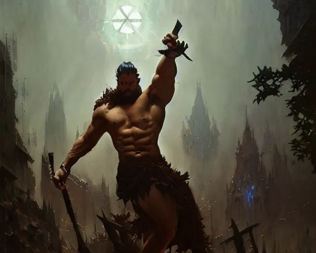 Prompt: handsome tattooed gym bro cleric spirit weapon magic spell vfx, diagonal spell vfx, fantasy game spell, fantasy epic painting by greg rutkowski, gaston bussiere, craig mullins, j. c. leyendecker, tom of finland