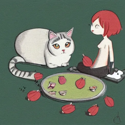 Image similar to cat and a cat - girl sitting across each other on the floor with rhubarb between them, looking in the eyes, tension in the air