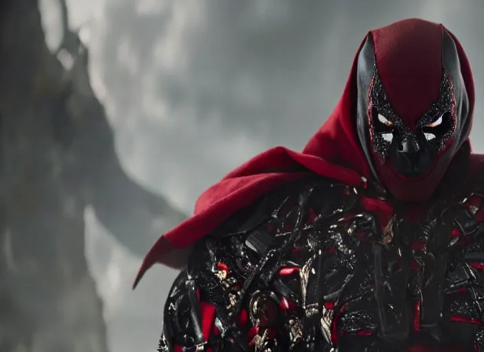 Image similar to film still of michael b jordan as spawn in the new spawn movie, giant chains, large cape, 8 k