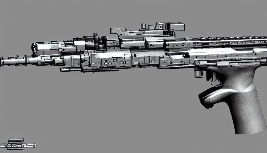 Prompt: extremely detailed realistic side view of a sci fi light machine gun, detailed trigger, chemically propelled, battery powered, smooth streamline, battery and wires, railgun, chemrail, gauss, elegant sleek smooth body, white paint, smooth utopian design, ultra high quality, minimalist, octane, cod, destiny, warframe, terminator