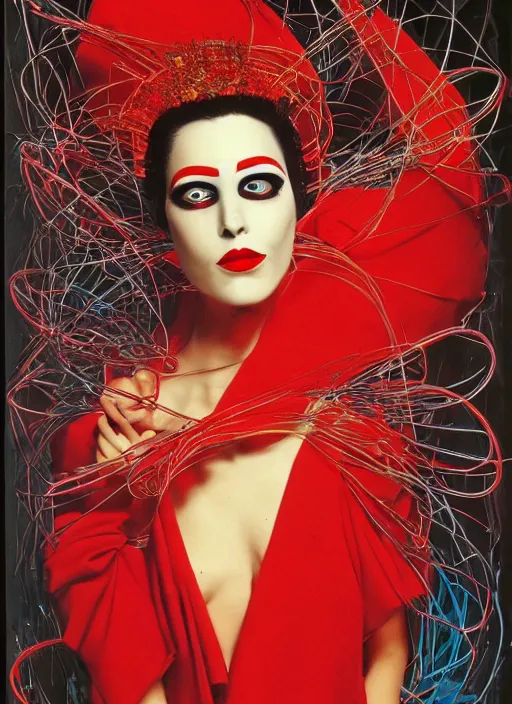 Image similar to an 8 0 s portrait of a woman with dark eye - shadow and red lips with dark slicked back hair, a mask made of wire and beads, dreaming acid - fueled hallucinations by serge lutens, rolf armstrong, delphin enjolras, peter elson, red cloth background