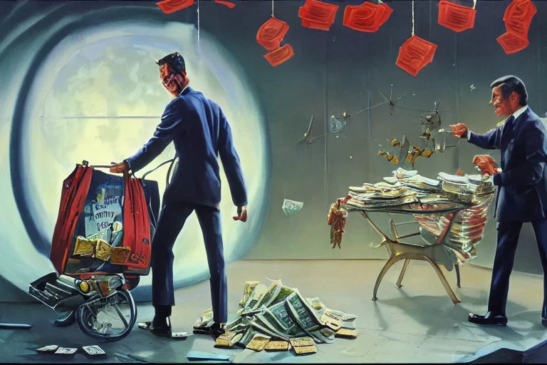 Prompt: a picture of a smiling salesman taking a bag of money from a grey alien in a suit, a detailed matte painting by mort kunstler, pixiv, kitsch movement, hellish background, movie poster, official art