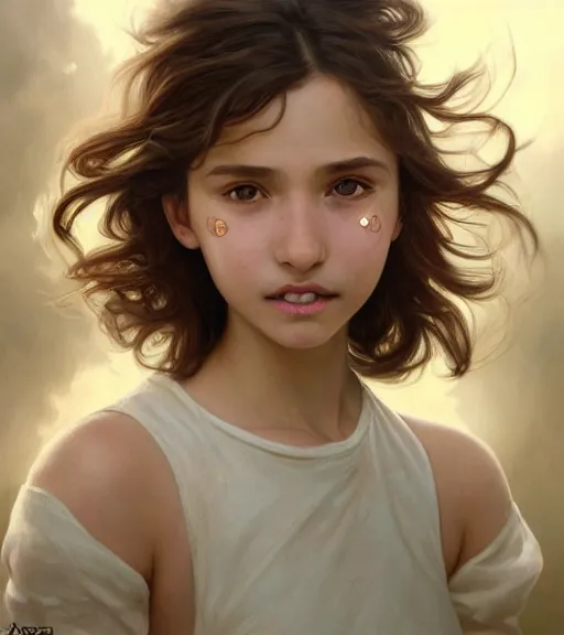 Prompt: ultra realistic illustration, portrait of 1 5 - year old girl with thick brown hair, large front teeth, and bright piercing brown eyes, intricate, elegant, highly detailed, digital painting, artstation, concept art, smooth, sharp focus, illustration, art by artgerm and greg rutkowski and alphonse mucha