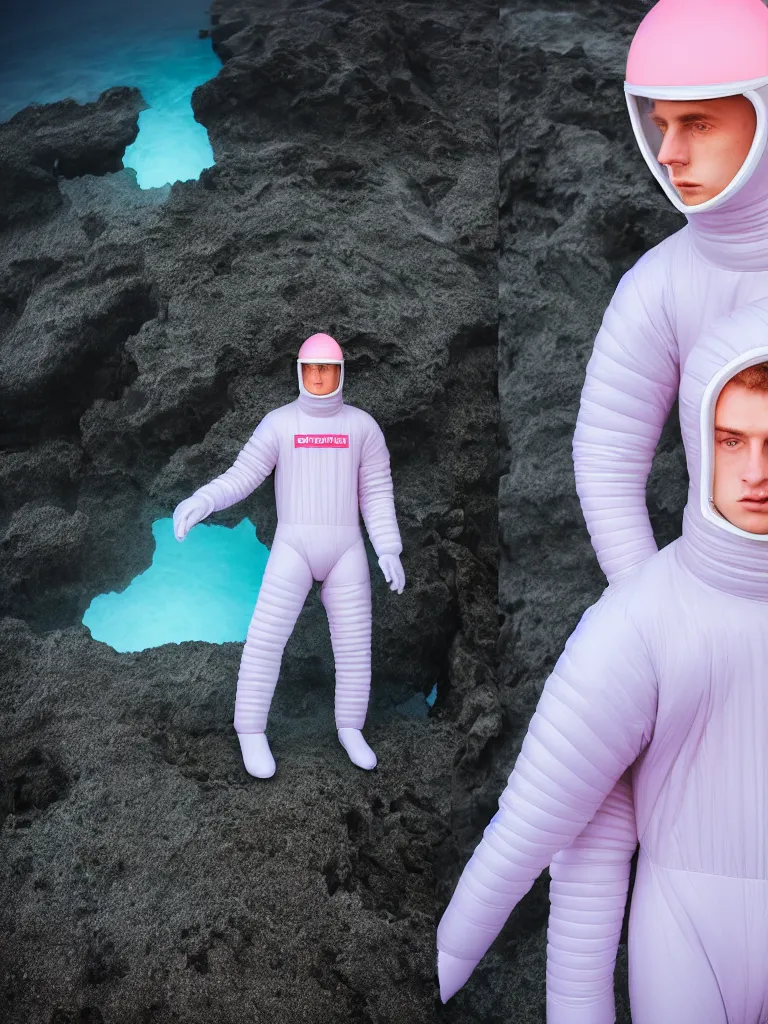 Image similar to high quality pastel coloured film portrait photograph of one beautiful young 2 0 year old male, soft features, short hair, wearing perspex space suit and oversized inflated clothing!! icelandic black rock pool environment. atmospheric three point light. photographic. art directed. ( pastel colours ). volumetric. clearcoat. waves. 8 k. filmic.