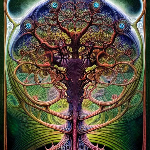 Image similar to divine chaos engine by roger dean and andrew ferez, art forms of nature by ernst haeckel, tree of life, symbolist, visionary, art nouveau, botanical organic fractal structures, surreality, detailed, realistic, deep rich moody colors