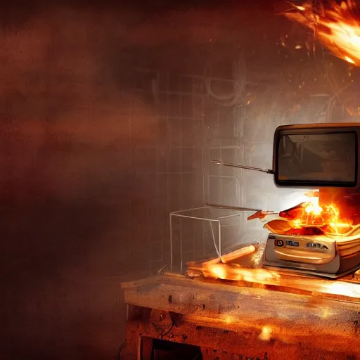 Image similar to cyborg with toaster oven for torso, dark messy smoke - filled cluttered workshop, dark, dramatic lighting, orange tint, sparks, cinematic, highly detailed, sci - fi, futuristic, movie still