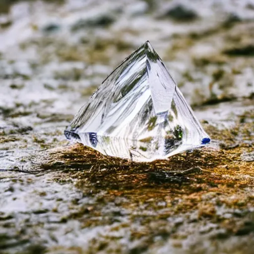 Prompt: Close shot of an otherworldly crystal lying in water from a river