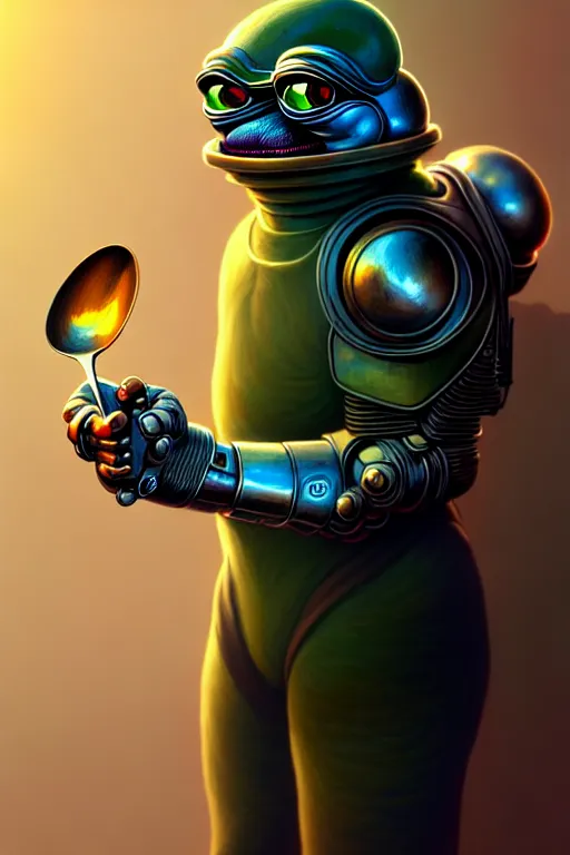 Image similar to Portrait of pepe with a spoon wearing futuristic power armor, fantasy, intricate, highly detailed, digital painting, trending on artstation, sharp focus, illustration, style of Stanley Artgerm and Greg Rutkowski and Dan Mumford