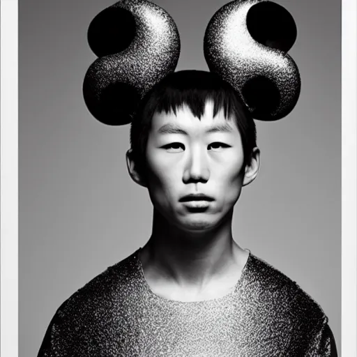 Prompt: a beautiful young japanese male wearing iris van herpen mickey mouse couture, photographed by erwin olaf