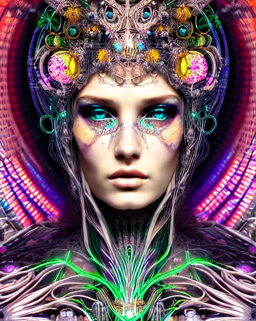 Image similar to hyperrealistic detailed portrait of a beautiful goddess in a cyber headdress, intricate cyberpunk neon make - up, art by ernst haeckel, nekro borja, alphonso mucha, h. r. giger, ornamental gothic - cyberpunk,