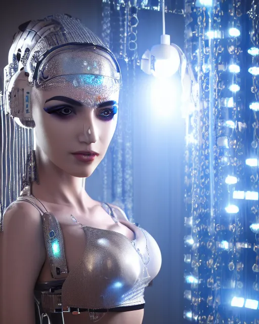 Image similar to 3 / 4 portrait photo of belly dancer as a cyberpunk humanoid robotic head shoulder parts with straight bright led lights, inside white room, ultra - realistic and detailed, 8 k