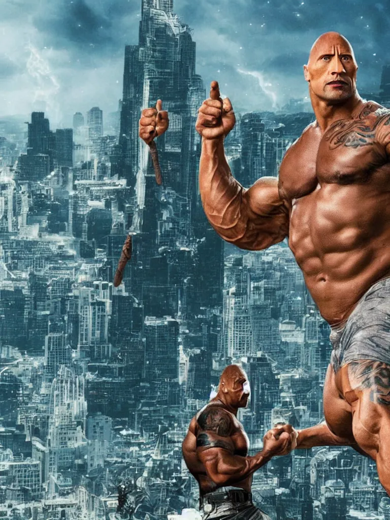 Prompt: dwayne johnson protecting a city full of unicorns, highly detailed