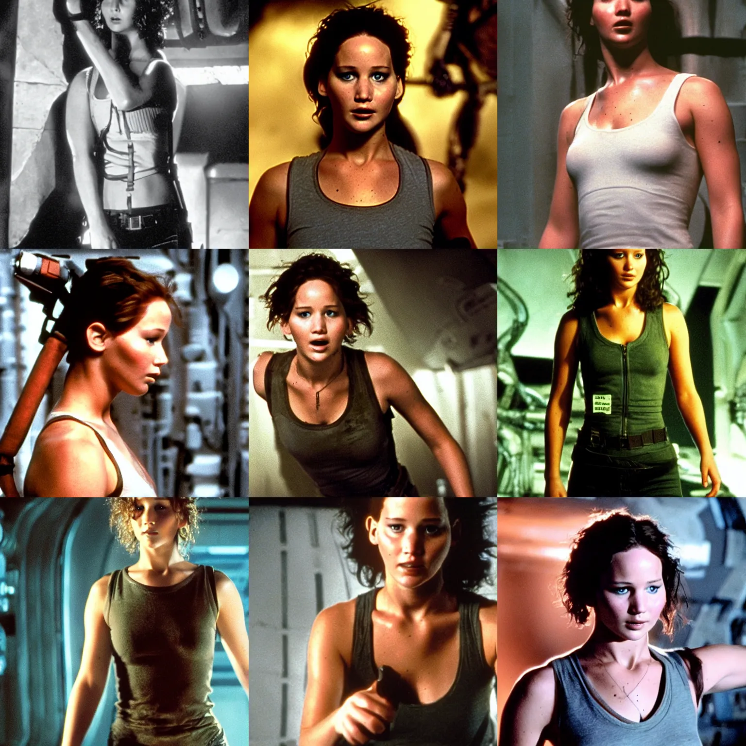 Prompt: Jennifer Lawrence as Ripley from Alien, wearing a sleeveless shirt, film still