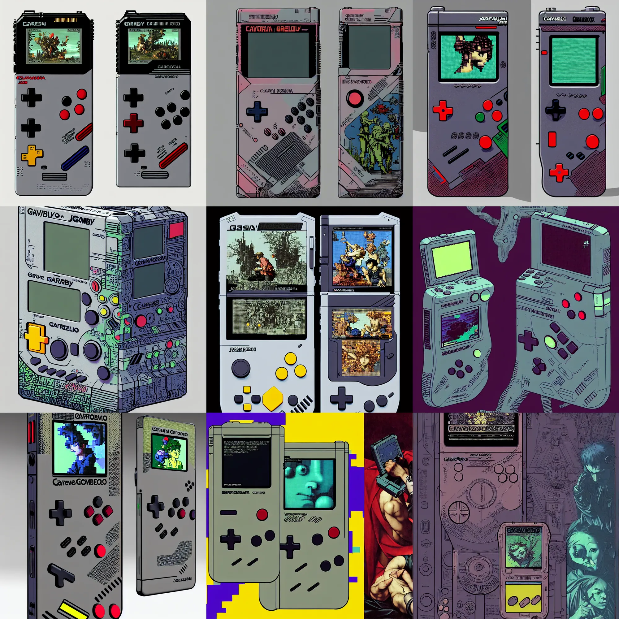 Image similar to Colour Caravaggio style gameboy designed by Josan Gonzalez Many details. In style of Josan Gonzalez and Mike Winkelmann andgreg rutkowski and alphonse muchaand Caspar David Friedrich and Stephen Hickman and James Gurney and Hiromasa Ogura