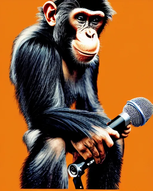 Image similar to a portrait of an anthropomorphic rockstar chimp singing into a microphone on a stand by sandra chevrier, by jon foster, detailed render, tape deck, epic composition, cybernetics, 4 k realistic, cryengine, realistic shaded lighting, sharp focus, masterpiece, by enki bilal