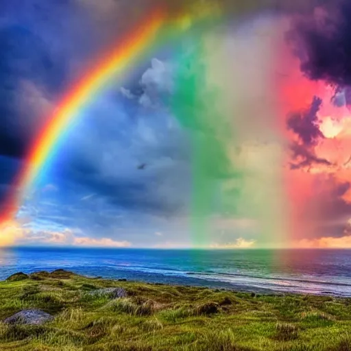 Prompt: Wide-angle shot of an epic sky battle between teams of dragons breathing rainbow fire at one another, over a weltering sea of magic.