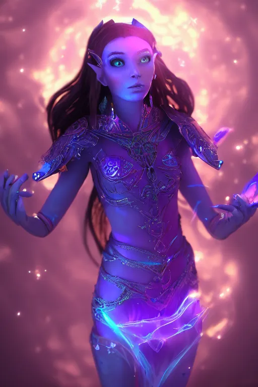 Prompt: beautiful, strong female elf light wizard casting a spell with blue purple sparkles, digital art! style, trending on [ artstation ], 4 k, cgsociety contest winner, award winning, subsurface scattering!, intricate, full - body!, volumetric lighting!
