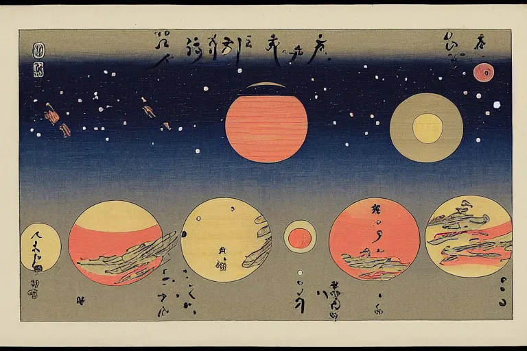 Prompt: eight planets arranged in a row, with stars and sun in background ， by hiroshige utakawa