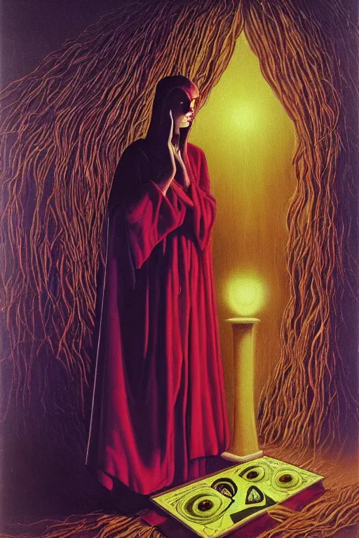 Prompt: gorgeous robed cult girl performing realism third eye ritual, positive dark theme night time, expanding energy into waves into the ethos, epic surrealism 8k oil painting, portrait, depth of field, perspective, high definition, post modernist layering, by Ernst Fuchs, Gerald Brom