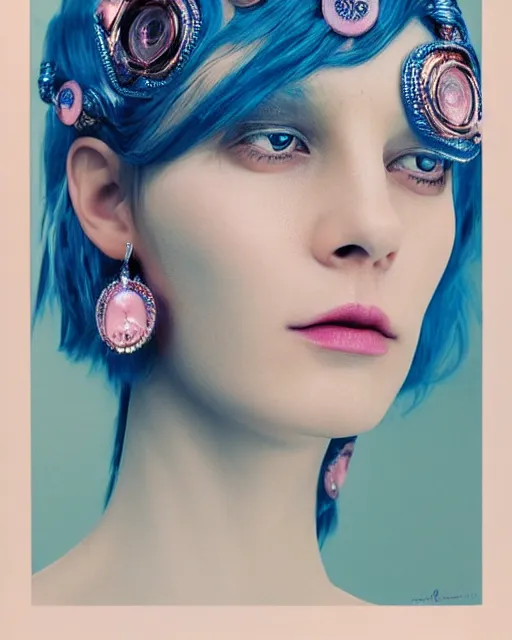 Image similar to natural light, soft focus portrait of an android with soft synthetic pink skin, blue bioluminescent plastics, smooth shiny metal, elaborate ornate head piece, piercings, skin textures, by annie liebovotz, paul lehr