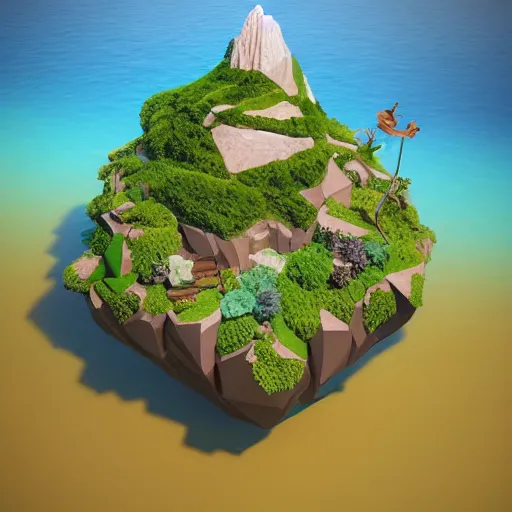 Image similar to a floating island on an aquatic environment isometric art, lago di sorapis landscape, low poly art, game art, artstation, 3D render, high detail, cgsociety, octane render, sharp focus