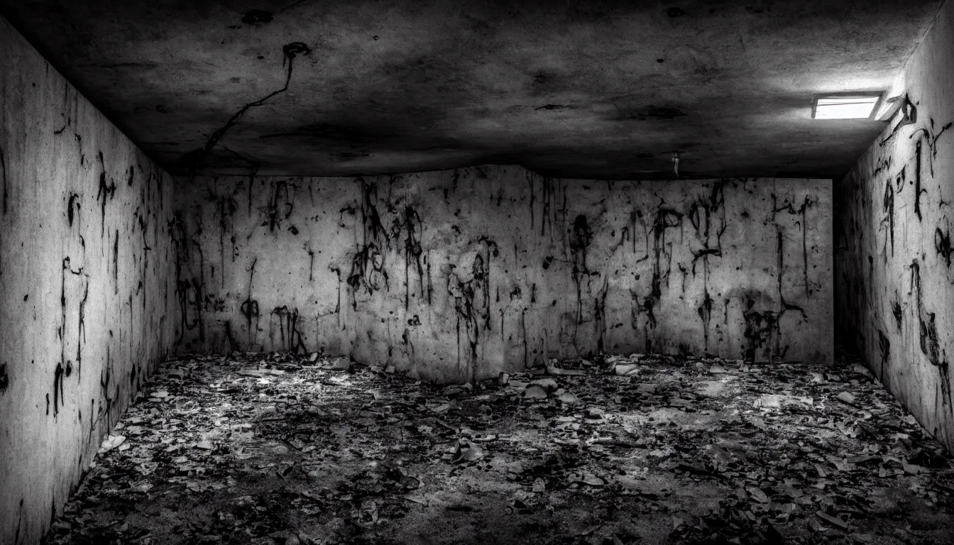 Image similar to haunted abandoned atomic nuclear bunker, dark, atmospheric, scary, claustrophobic, ambient vibe, very detailed, black and white, 4 k