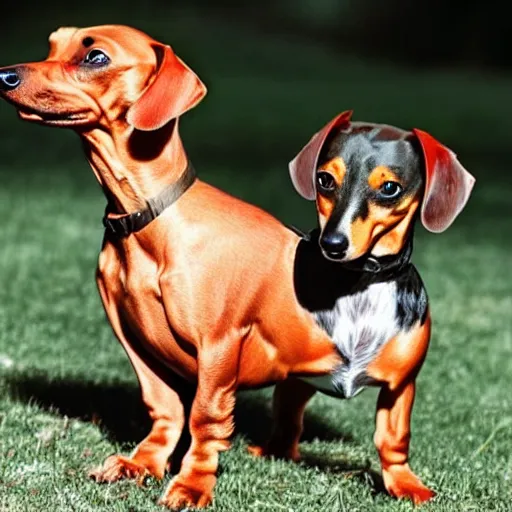 Prompt: a Dachshund and Chihuahua breed dog with an 8 pack and a chad face