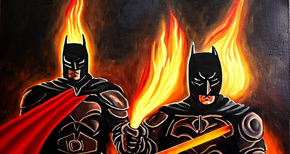 Image similar to An oil painting of a dark knight wielding a flaming sword