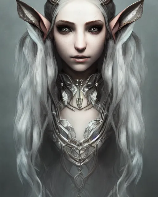 Prompt: portrait of a beautiful female elf with shimmering hair, symmetrical face and eyes, cgsociety, Elden Ring, Dark Souls, Bloodborne