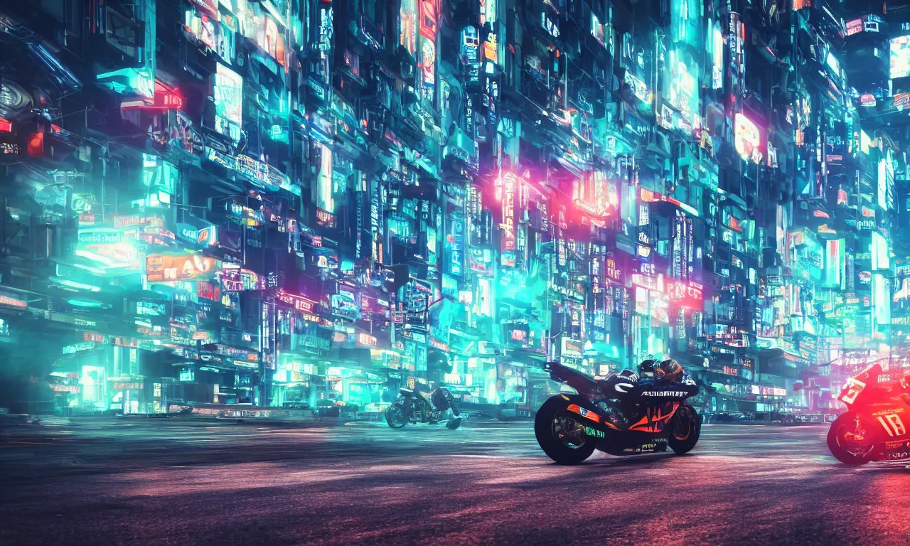 Prompt: insanely moody cinematic render of motogp race on street of a cyberpunk city, motion blurred background, speed, teal and orange colors, vaporwave, photorealism, cinema still, photography, octane 3 d, vray render, insane details, 8 k high definition, artstation