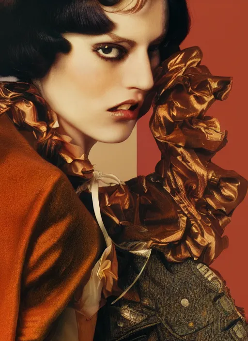 Prompt: Italian Vogue 70s vintage cover, portrait of a female model, high fashion, by Steven Meisel, 8k, octane render, ultra sharp, hyper detailed digital art