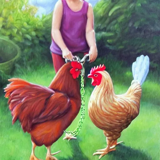 Image similar to chickens owning a human pet, human on leash, chicken is holding the leash, oil painting, hyper realistic,