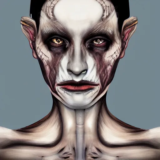 Image similar to A very detailed horrifying portrait painting of the princess of darkness, inverted skin colors, occult, 8k, trending on artstation cgsociety, masterpiece, in the style of DiscoDiffusion.