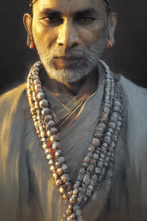 Image similar to hindu priest, close - up portrait, devoted, intricate, elegant, volumetric lighting, scenery, digital painting, highly detailed, artstation, sharp focus, illustration, concept art, ruan jia, steve mccurry