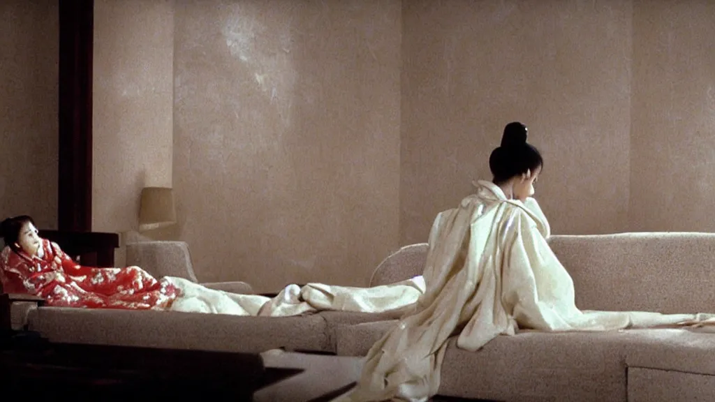 Prompt: shadow of a monstrous starfish is seen behind a woman in hanbok sitting on a couch, traditional korean interior, kaiju - eiga monster movie by denis villeneuve, cinematography by akira kurosawa and ishiro honda