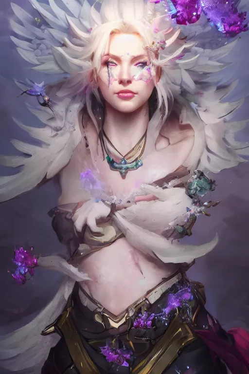 Prompt: mercy overwatch face closeup of beautiful girl necromancer, witch - doctor covered with crystals exploding into ice, 3 d render, hyper realistic detailed portrait, holding magic flowers, ruan jia, wlop. scifi, fantasy, hyper detailed, octane render, concept art, peter mohrbacher